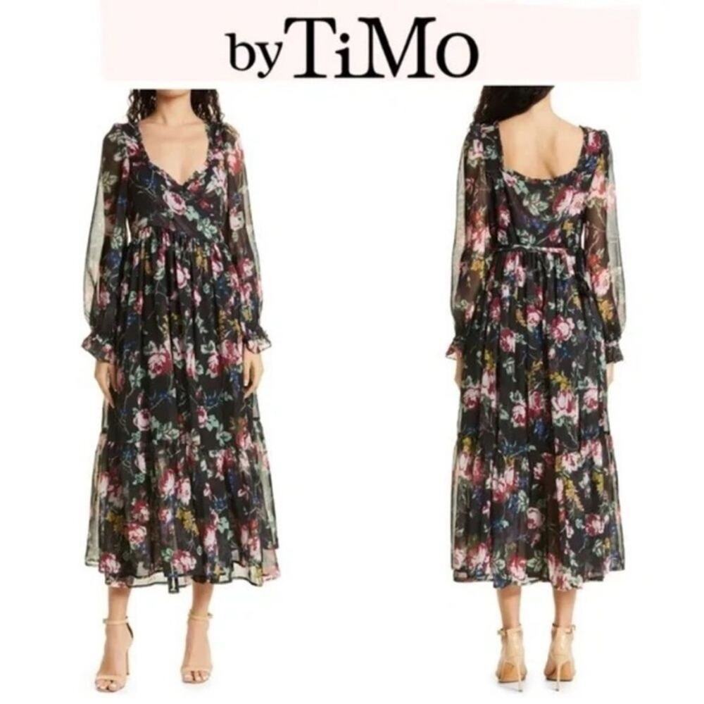 ByTiMo | Women’s Floral Wrap Bodice Long Sleeve Chiffon Dress Rose Field Black S